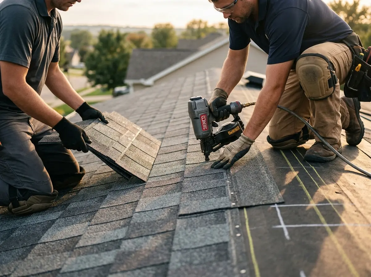 Professional roofer working on a residential roof in Pampa
